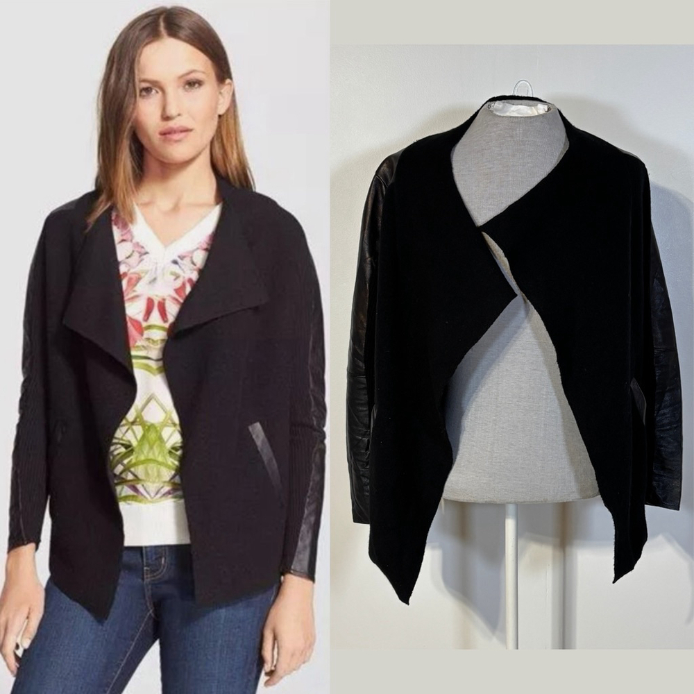 Ted Baker London Hazie Black Boiled Wool Wrap Open Jacket Leather Trim Size 0